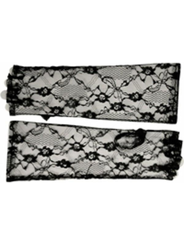 Adult Elbow Length Fingerless Black Lace Gloves-COSTUMEISH