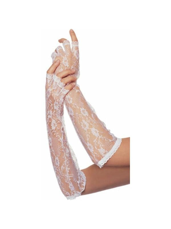 Adult Elbow Length Fingerless White Lace Gloves-COSTUMEISH