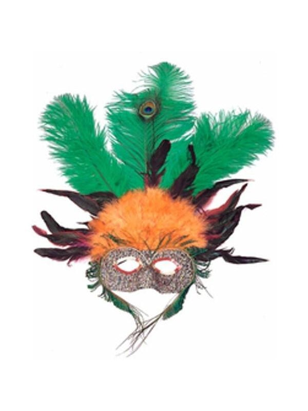 Adult Orange & Green Feather Eye Mask-COSTUMEISH