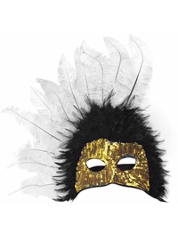 Adult Black & White Feather Gold Sequin Half Mask-COSTUMEISH