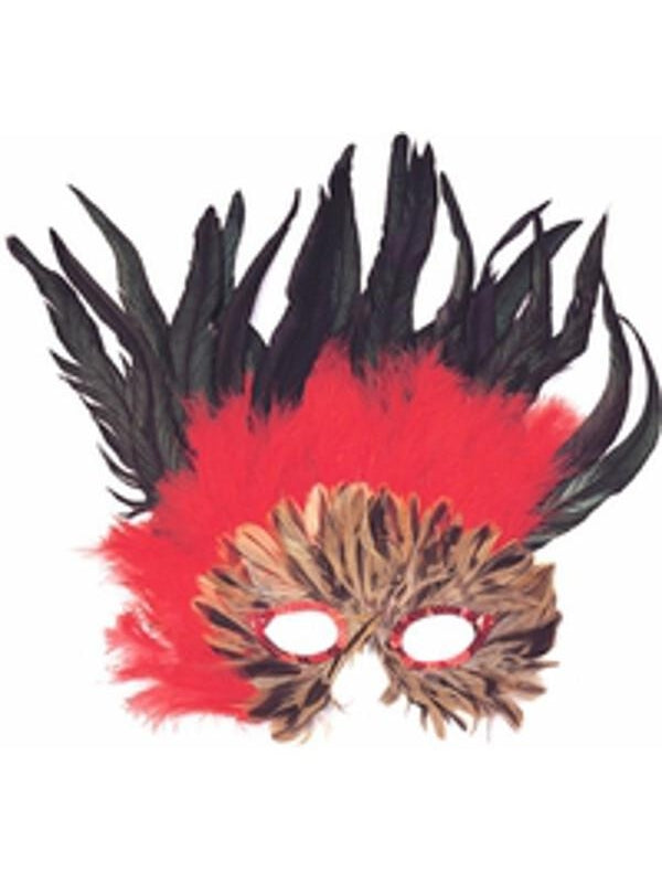 Adult Red & Black Feather Eye Mask-COSTUMEISH