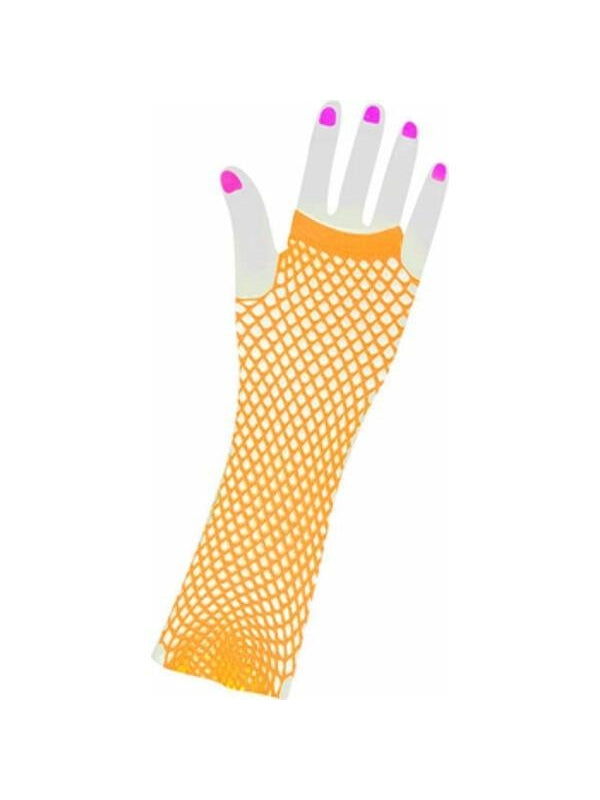 Adult Long 80's Style Orange Neon Fishnet Gloves-COSTUMEISH