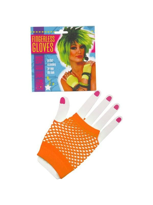 Adult Short Neon Orange Fingerless Fishnet Gloves-COSTUMEISH