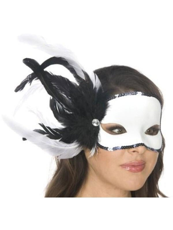 Adult Black and White Feather Carnival Eyemask-COSTUMEISH
