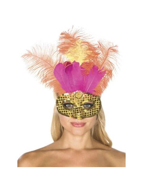 Adult Gold Sequin Carnival Eye Mask with Feathers-COSTUMEISH