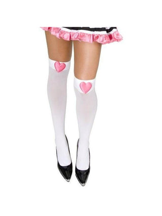 White Opaque Nylon Stockings with Pink Hearts-COSTUMEISH